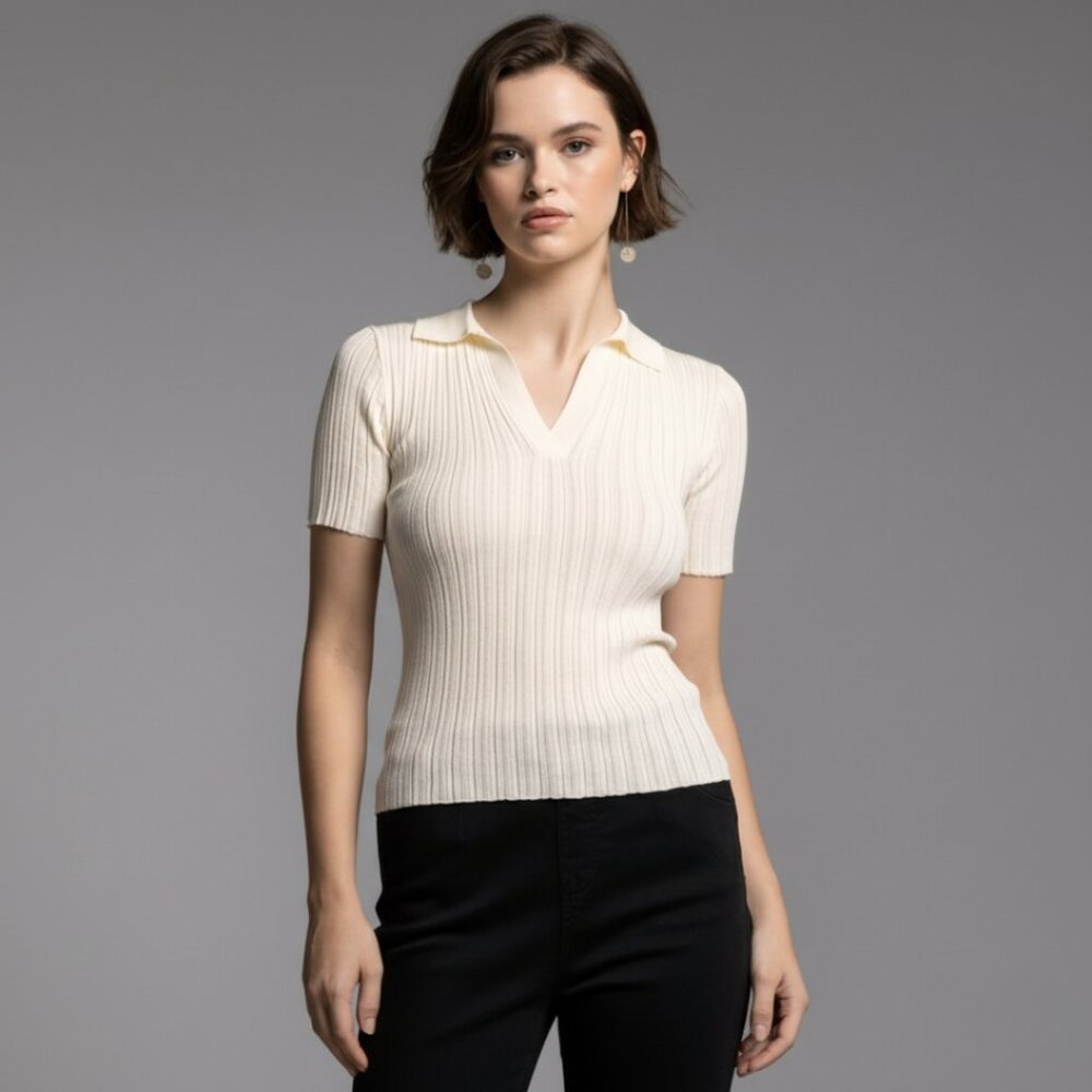 Weekend Ribbed Knit Collared Top, Sizes M + L, NWT